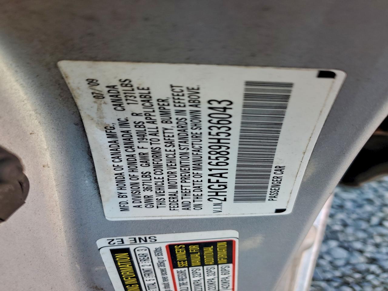 2009 Honda Civic Lx VIN: 2HGFA16589H536043 Lot: 94560025