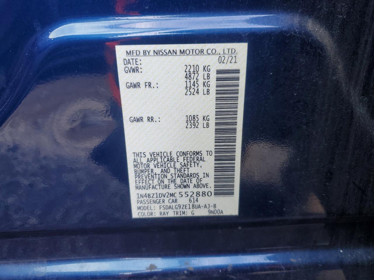 2021 Nissan Leaf Sl Plus VIN: 1N4BZ1DV2MC552880 Lot: 91485365