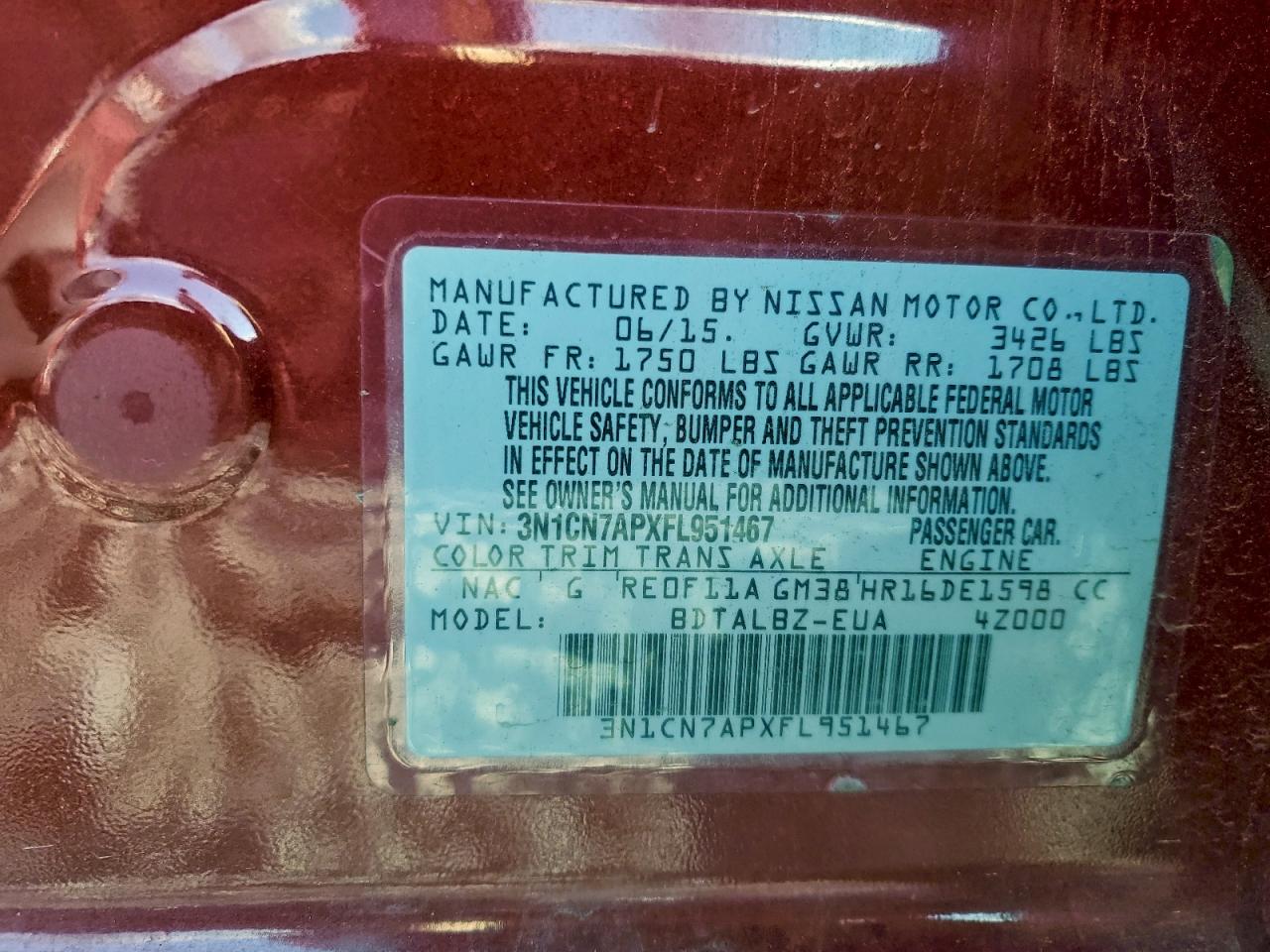 2015 Nissan Versa S VIN: 3N1CN7APXFL951467 Lot: 94651435