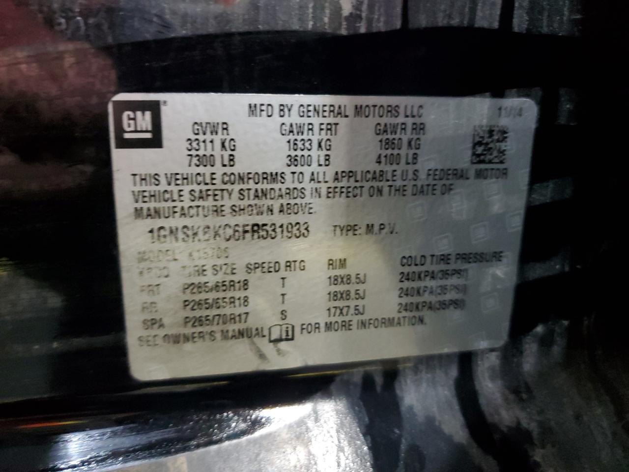 2015 Chevrolet Tahoe K1500 Lt VIN: 1GNSKBKC6FR531933 Lot: 93642615