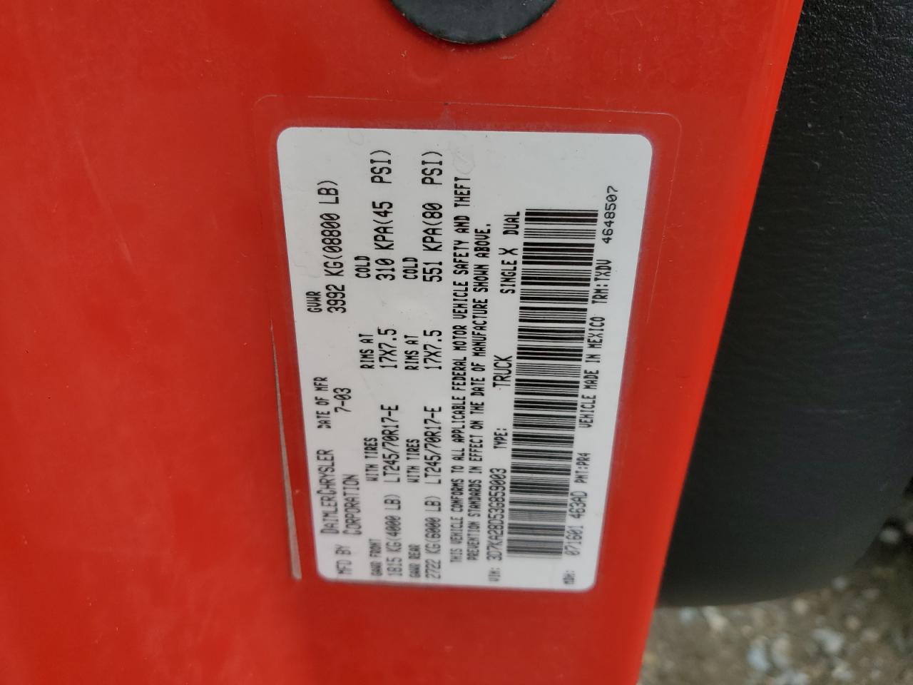 2003 Dodge Ram 2500 St VIN: 3D7KA28D53G859003 Lot: 91222845