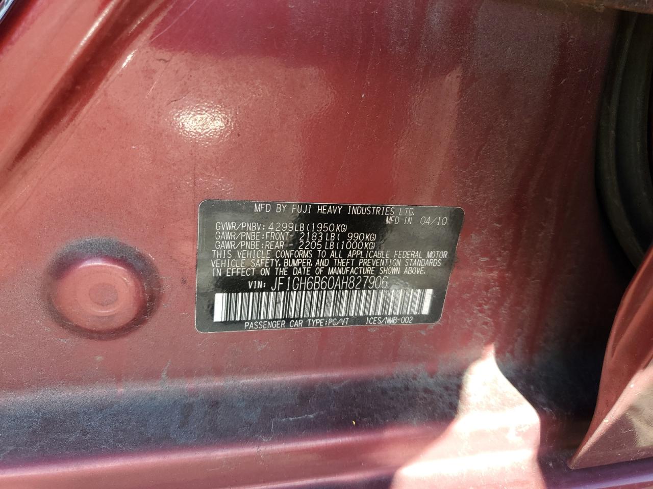 2010 Subaru Impreza 2.5I Premium VIN: JF1GH6B60AH827906 Lot: 93462805