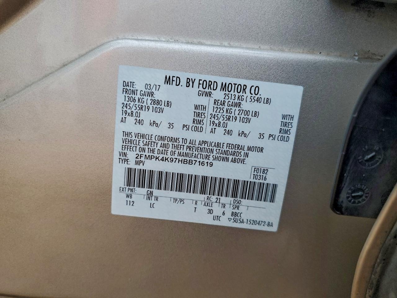 2017 Ford Edge Titanium VIN: 2FMPK4K97HBB71619 Lot: 94062465