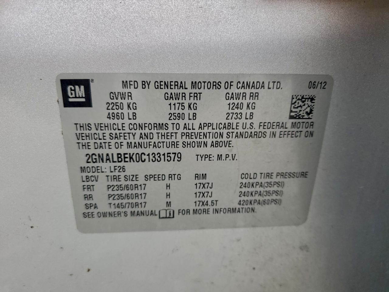 2012 Chevrolet Equinox Ls VIN: 2GNALBEK0C1331579 Lot: 94070565