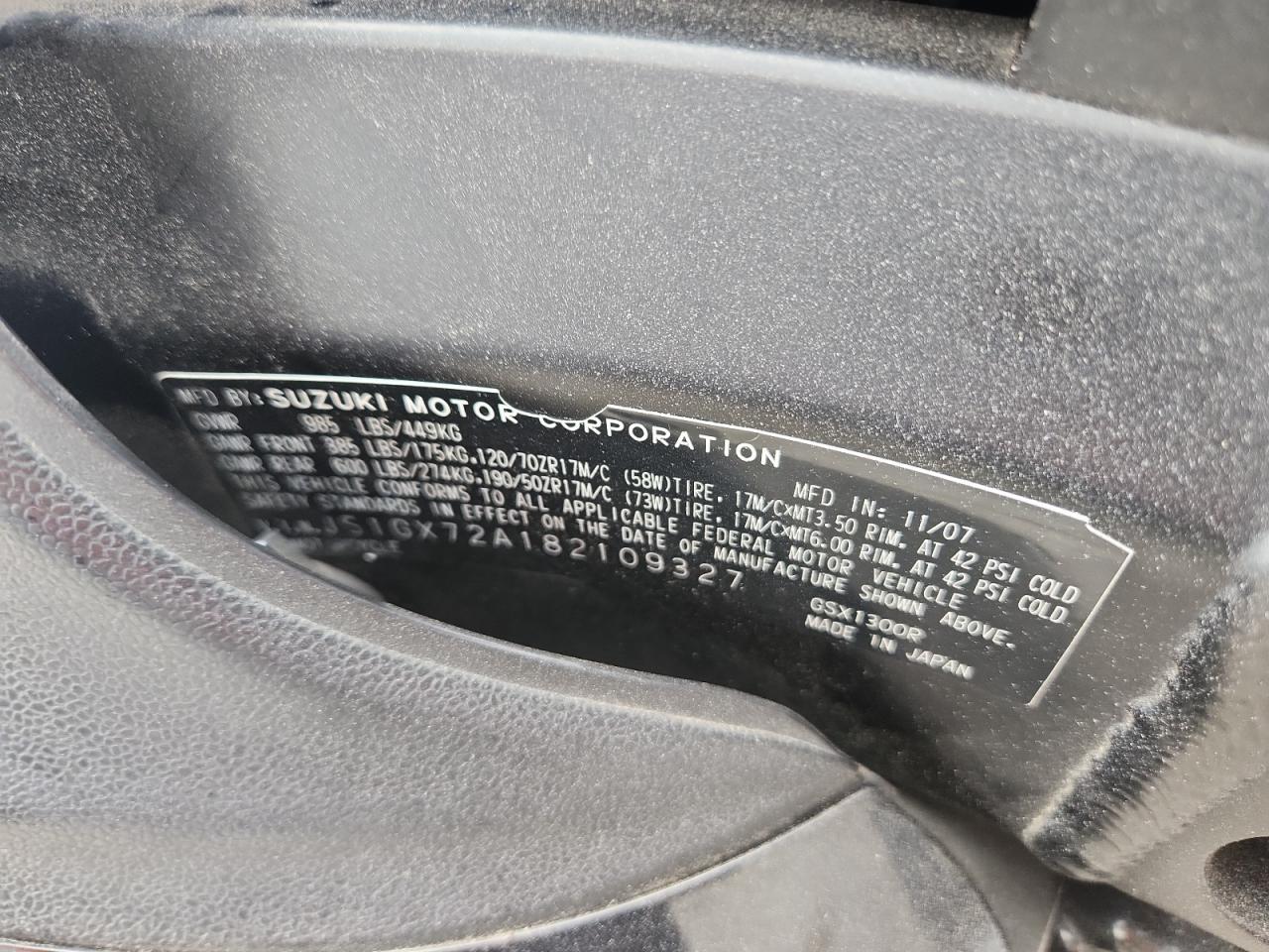 2008 Suzuki Gsx1300 R VIN: JS1GX72A182109327 Lot: 92387495