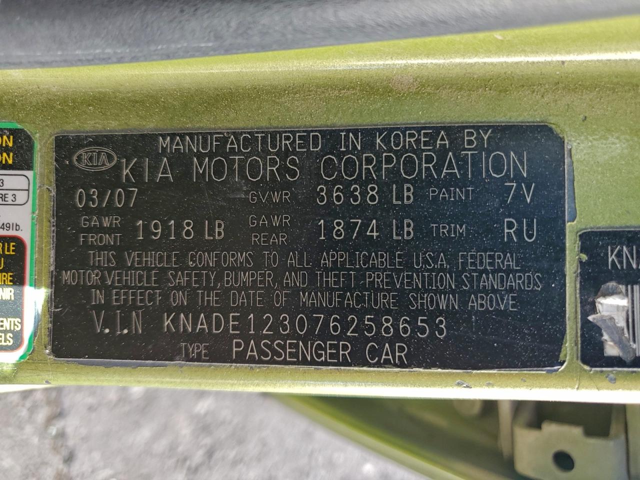 2007 Kia Rio Base VIN: KNADE123076258653 Lot: 93085555