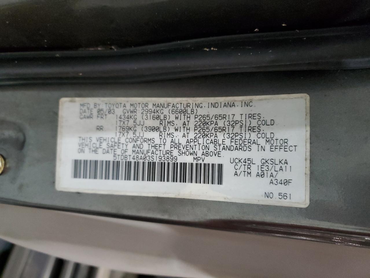 2003 Toyota Sequoia Limited VIN: 5TDBT48A03S193899 Lot: 93553425