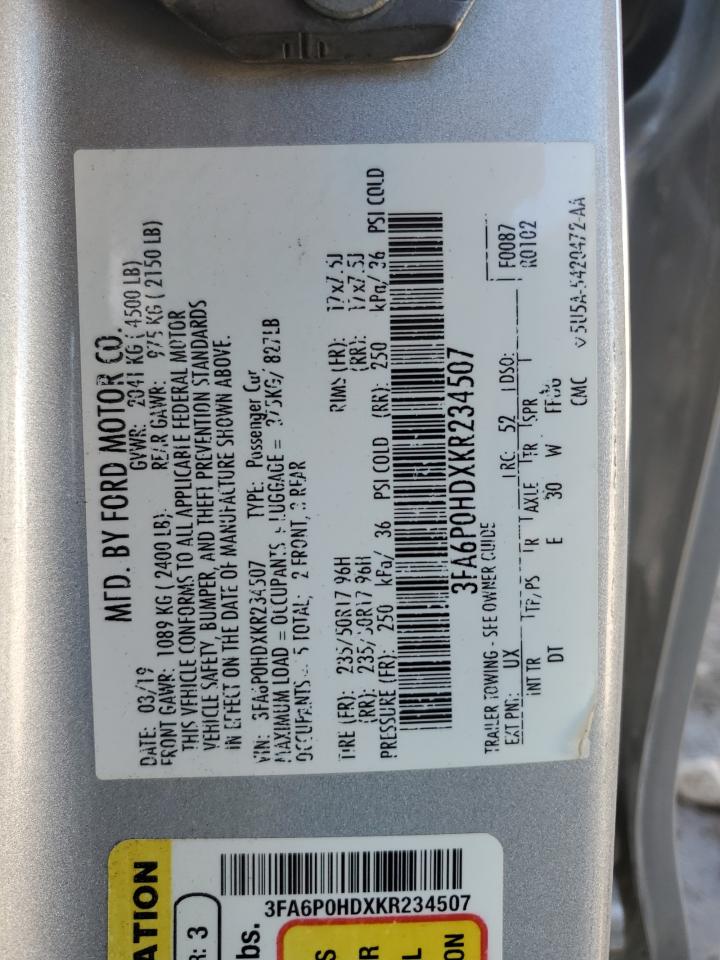 2019 Ford Fusion Se VIN: 3FA6P0HDXKR234507 Lot: 90935715