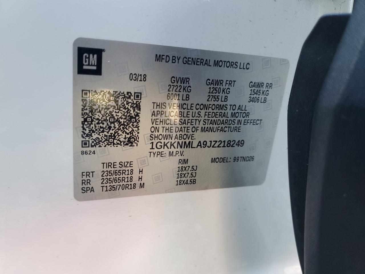 2018 GMC Acadia Slt-1 VIN: 1GKKNMLA9JZ218249 Lot: 91914225