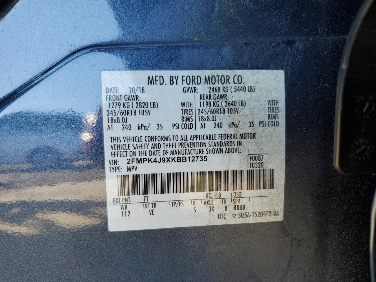 2019 Ford Edge Sel VIN: 2FMPK4J9XKBB12735 Lot: 92807855