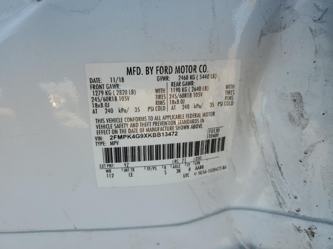 2019 Ford Edge Se VIN: 2FMPK4G9XKBB13472 Lot: 92532505