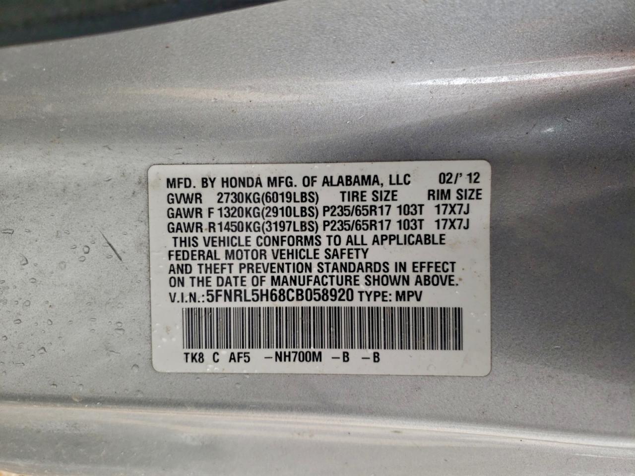 2012 Honda Odyssey Exl VIN: 5FNRL5H68CB058920 Lot: 92837915