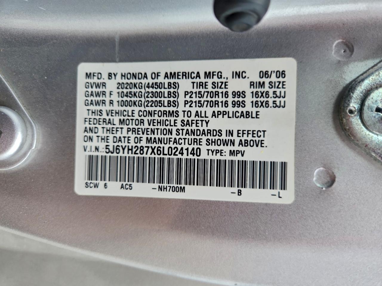 2006 Honda Element Ex VIN: 5J6YH287X6L024140 Lot: 94271235