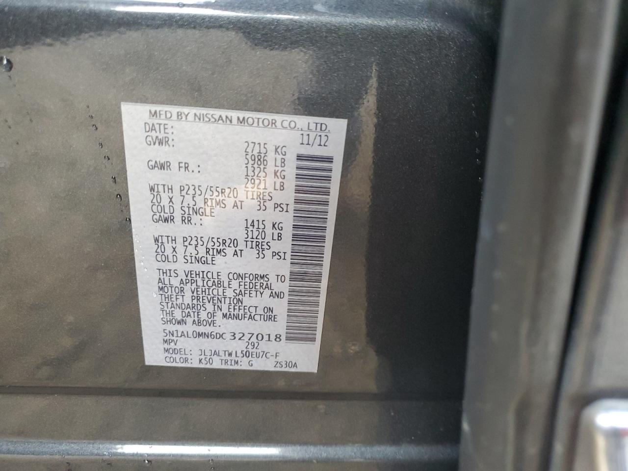 2013 Infiniti Jx35 VIN: 5N1AL0MN6DC327018 Lot: 93910745