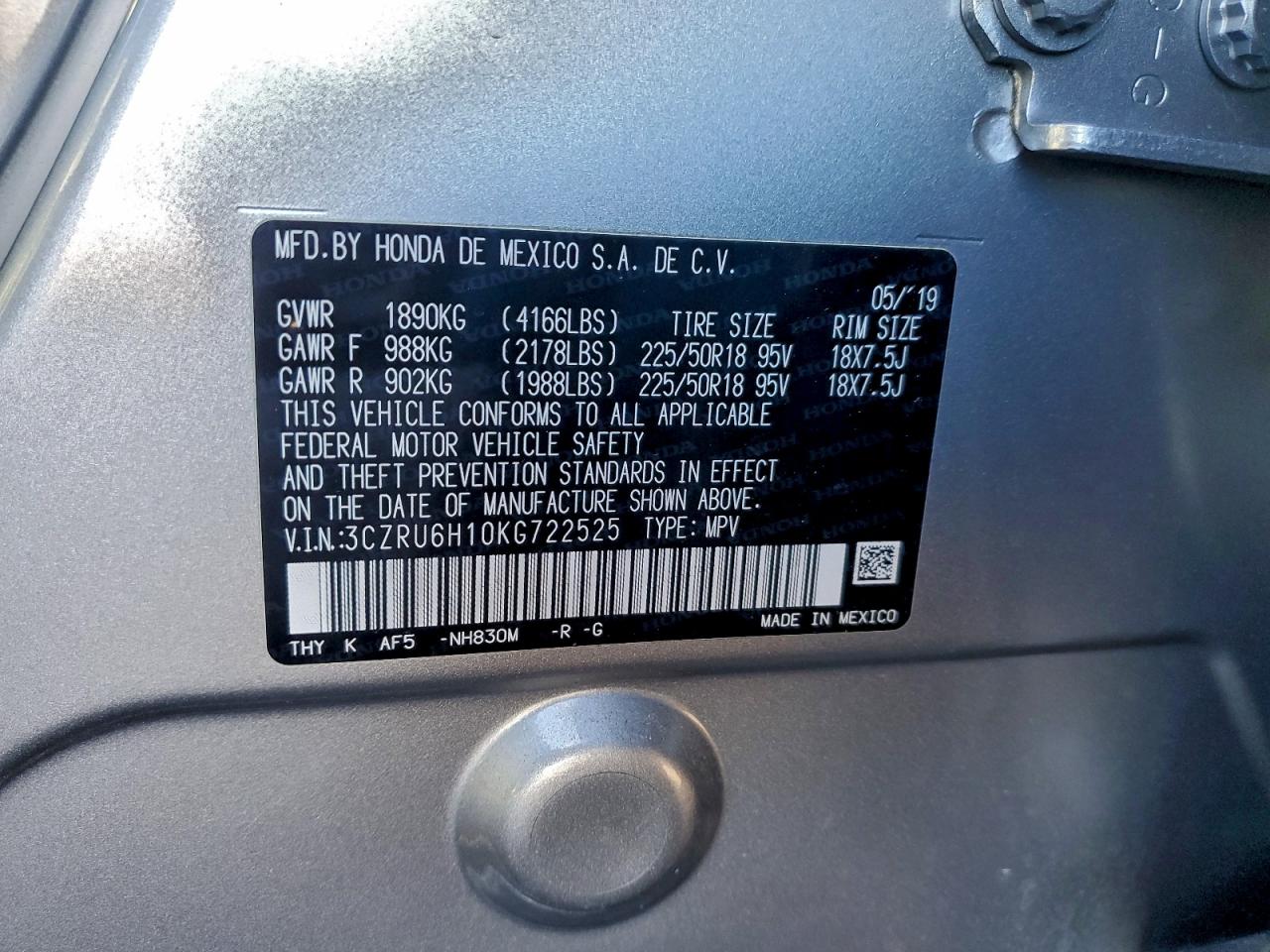 2019 Honda Hr-V Sport VIN: 3CZRU6H10KG722525 Lot: 93620835