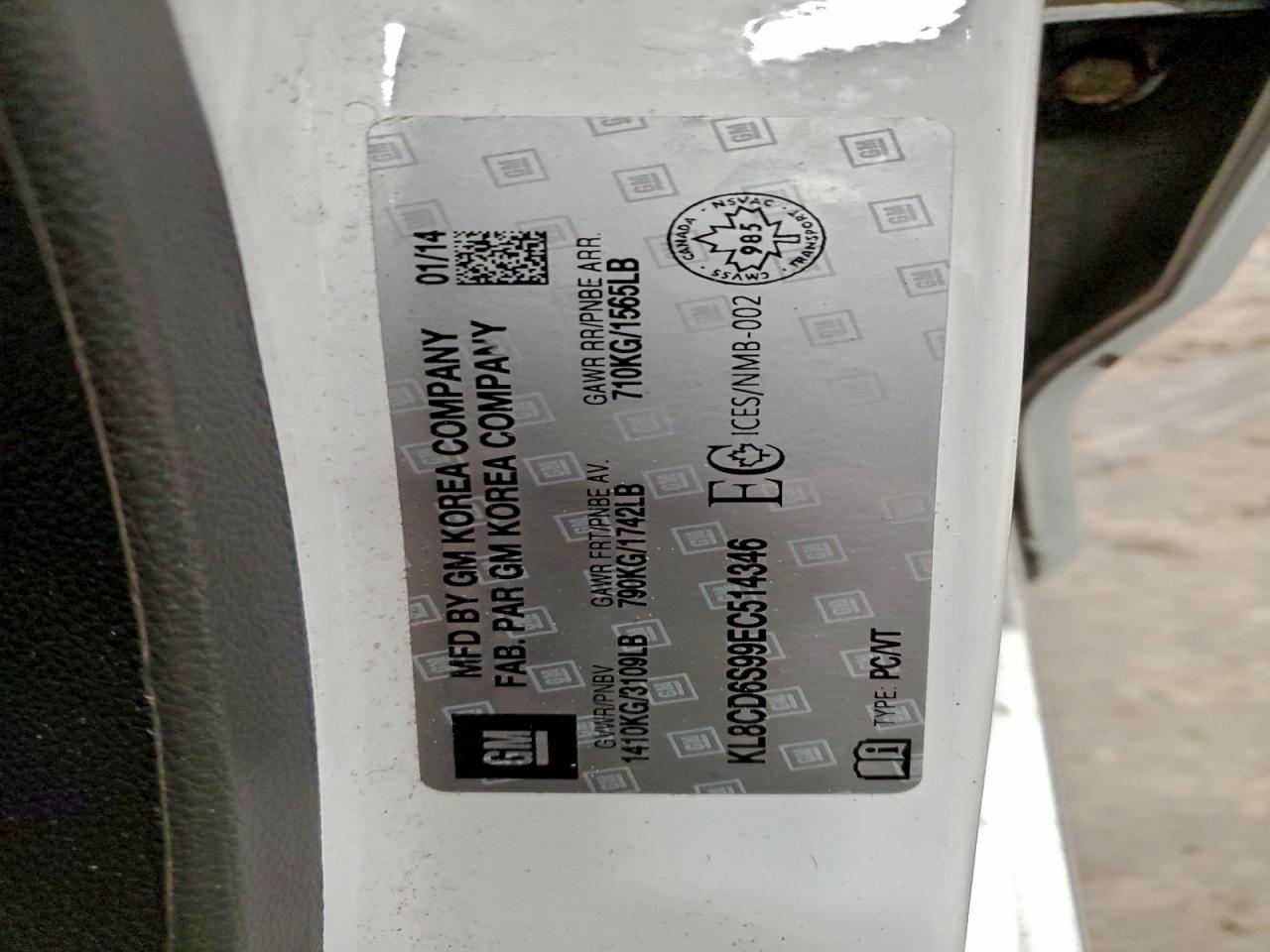 2014 Chevrolet Spark 1Lt VIN: KL8CD6S99EC514346 Lot: 94254675