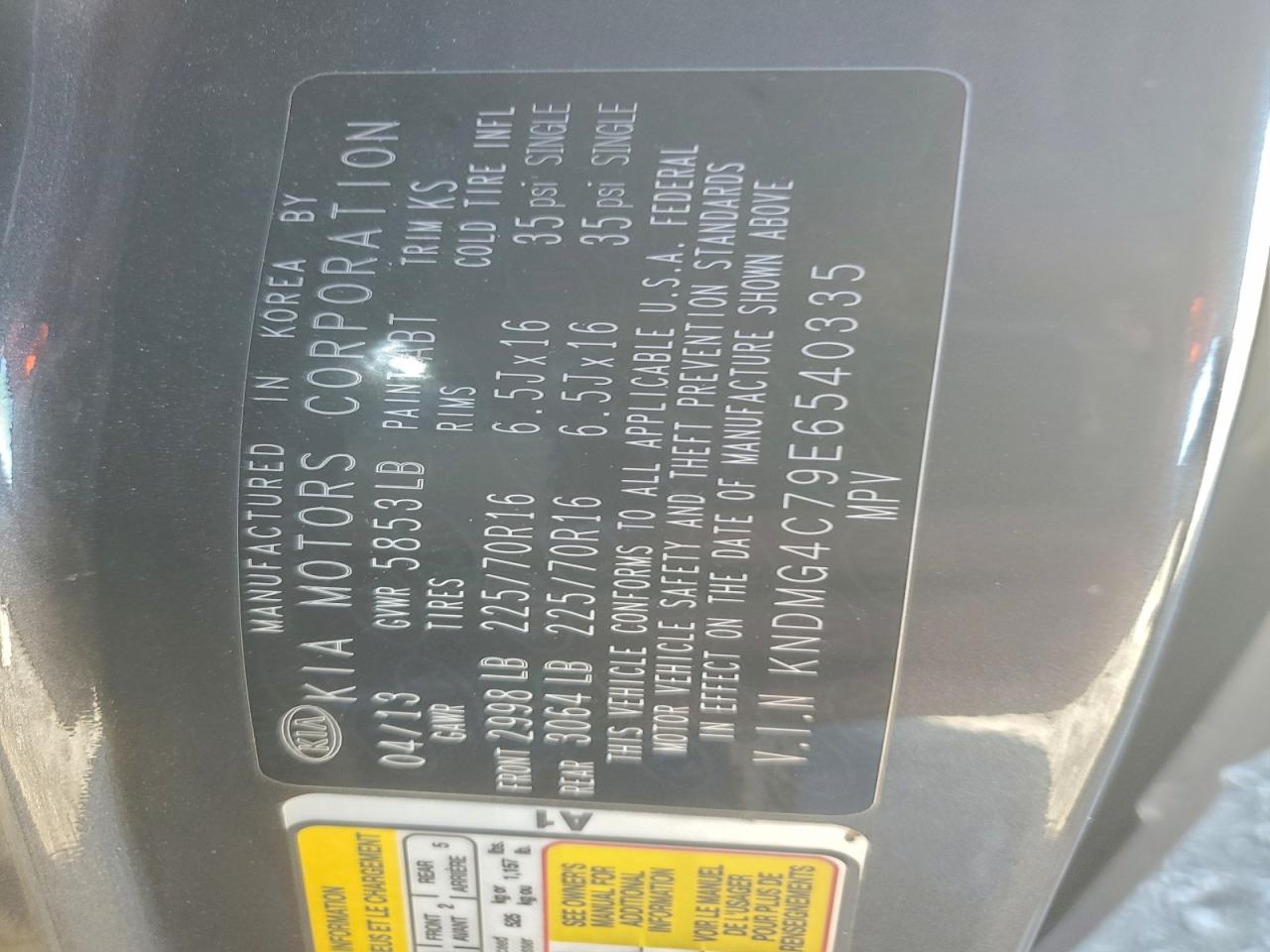 2014 Kia Sedona Lx VIN: 540335 Lot: 94541625