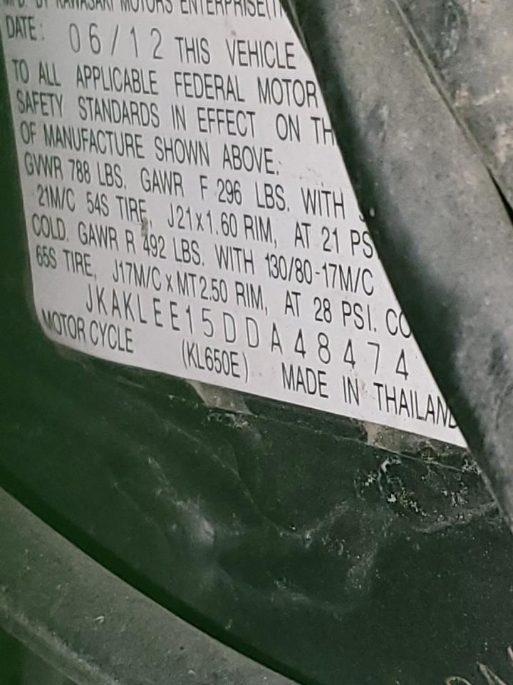 2013 Kawasaki Kl650 E VIN: JKAKLEE15DDA48474 Lot: 92016355