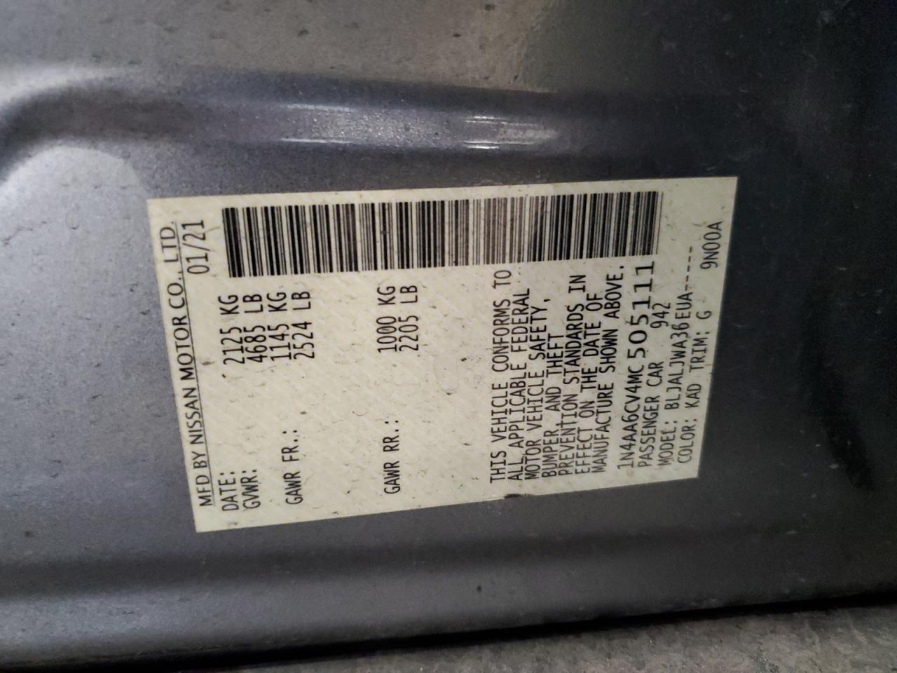 2021 Nissan Maxima Sv VIN: 1N4AA6CV4MC505111 Lot: 92736375