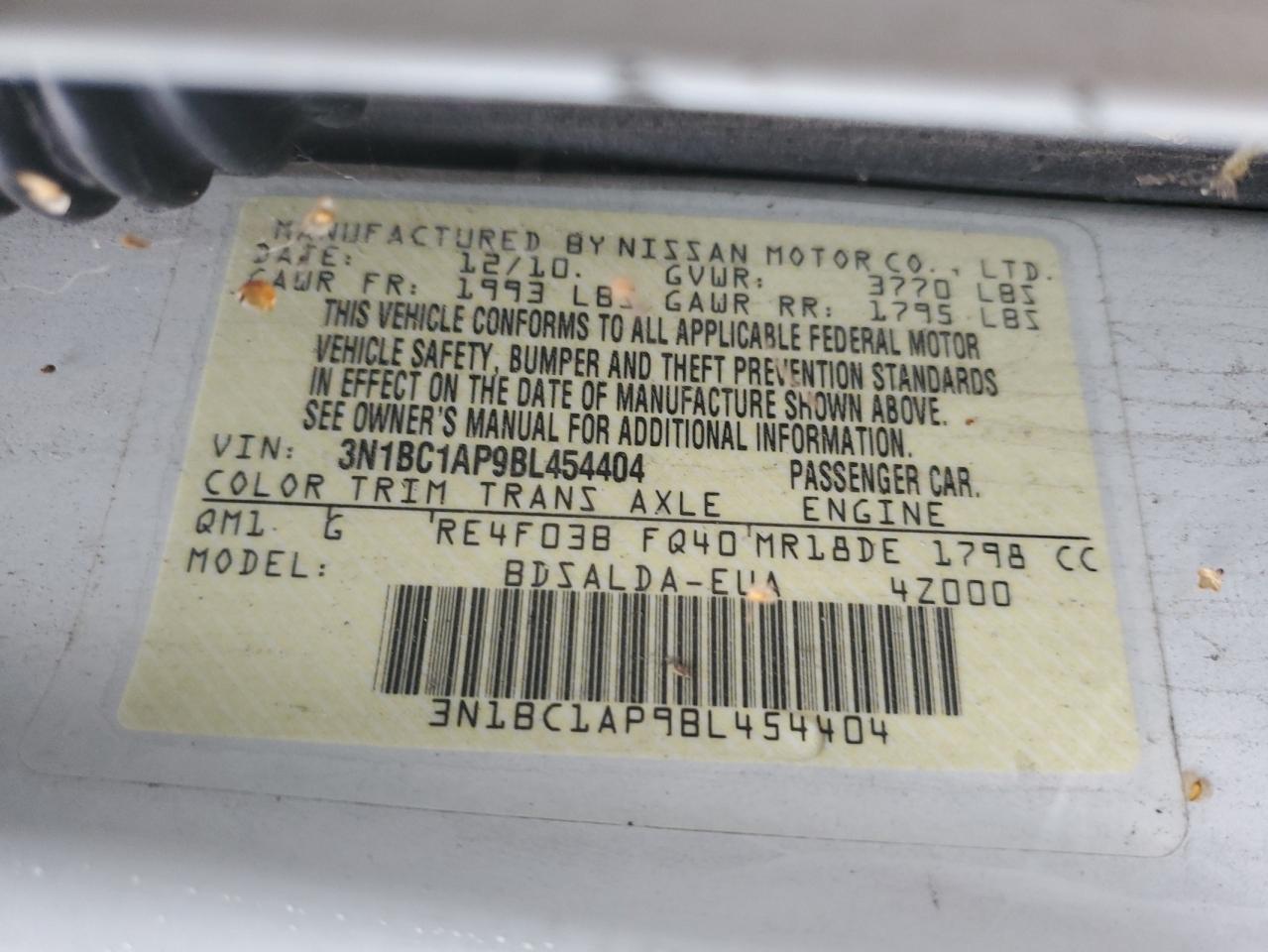 2011 Nissan Versa S VIN: 3N1BC1AP9BL454404 Lot: 93278895