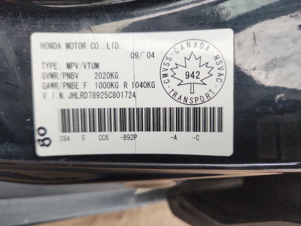 2005 Honda Cr-V Se VIN: JHLRD78925C801724 Lot: 92453955