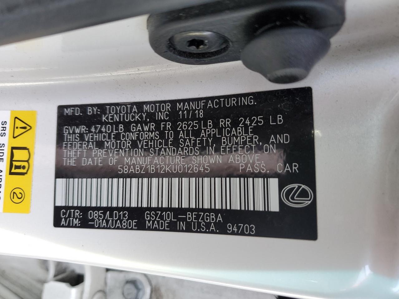 2019 Lexus Es 350 VIN: 58ABZ1B12KU012645 Lot: 92517625