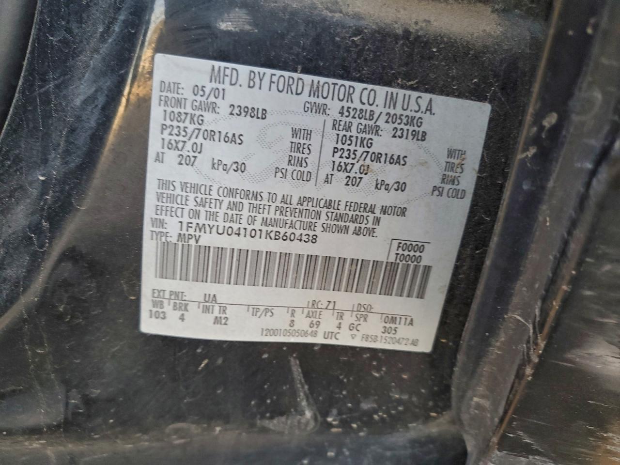 2001 Ford Escape Xlt VIN: 1FMYU04101KB60438 Lot: 94095145