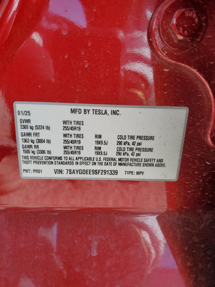 2025 Tesla Model Y VIN: 7SAYGDEE9SF291339 Lot: 91093205