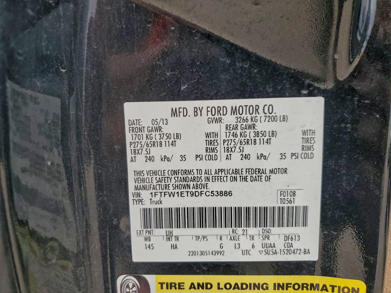 2013 Ford F150 Supercrew VIN: 1FTFW1ET9DFC53886 Lot: 93683155