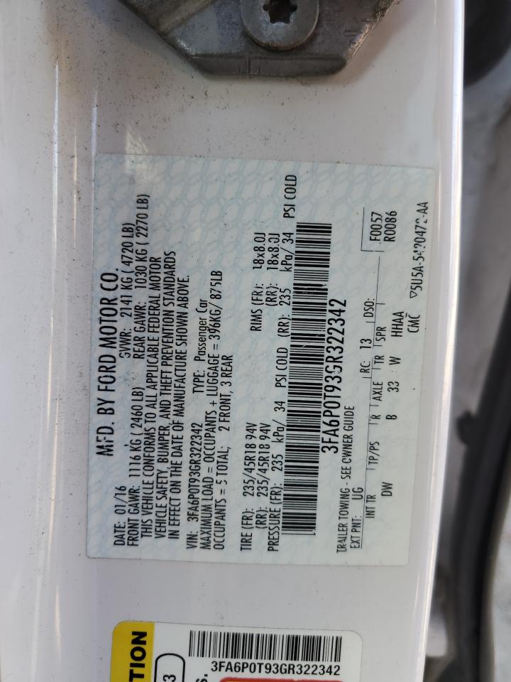 2016 Ford Fusion Se VIN: 3FA6P0T93GR322342 Lot: 85433935