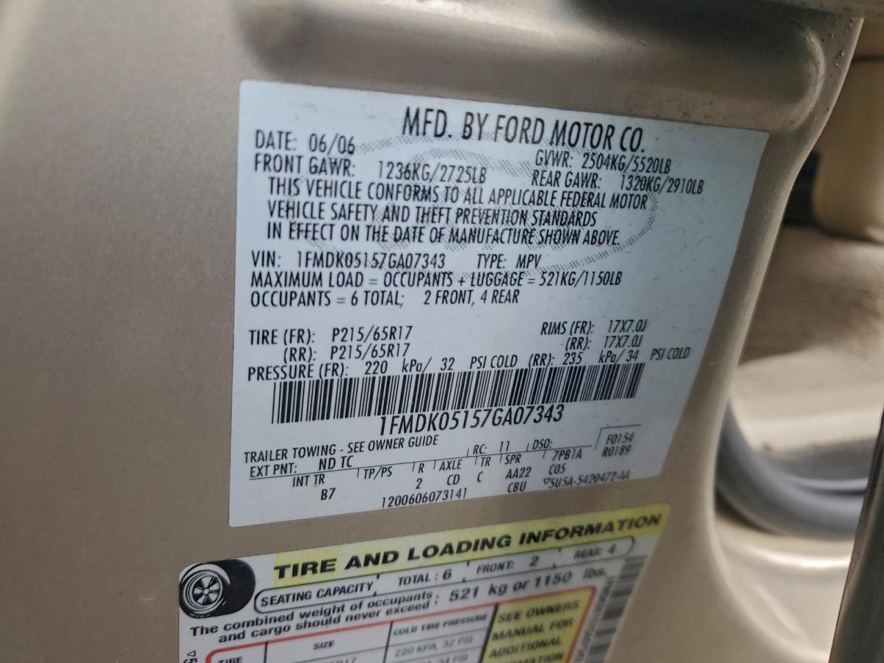 2007 Ford Freestyle Sel VIN: 1FMDK05157GA07343 Lot: 93723205