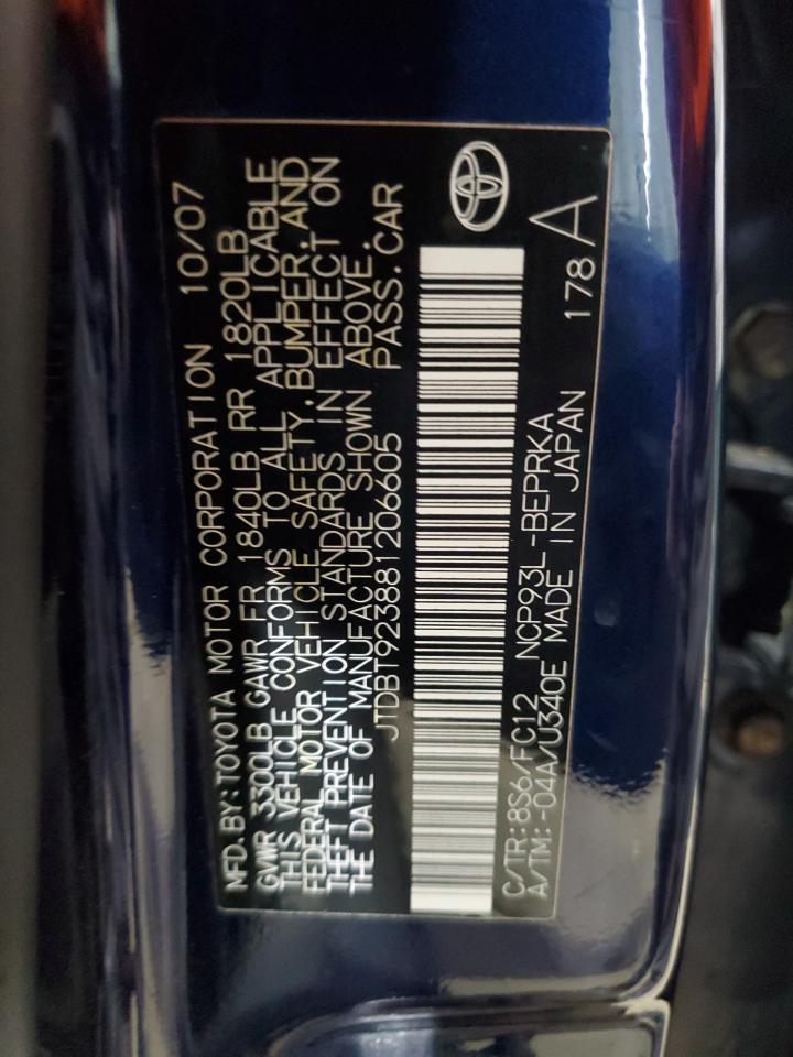 2008 Toyota Yaris VIN: JTDBT923881206605 Lot: 92711255