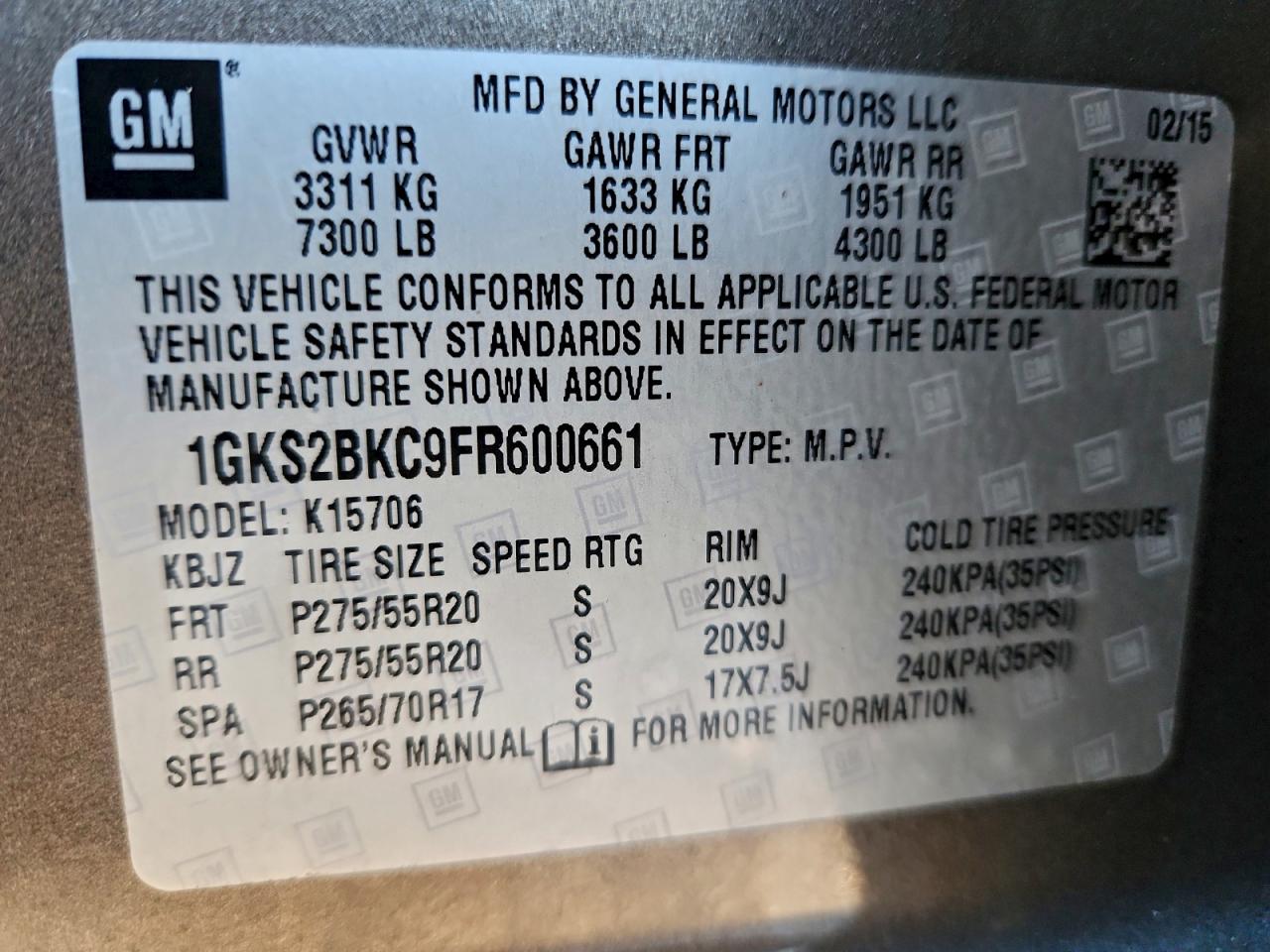 2015 GMC Yukon Slt VIN: 1GKS2BKC9FR600661 Lot: 94089035