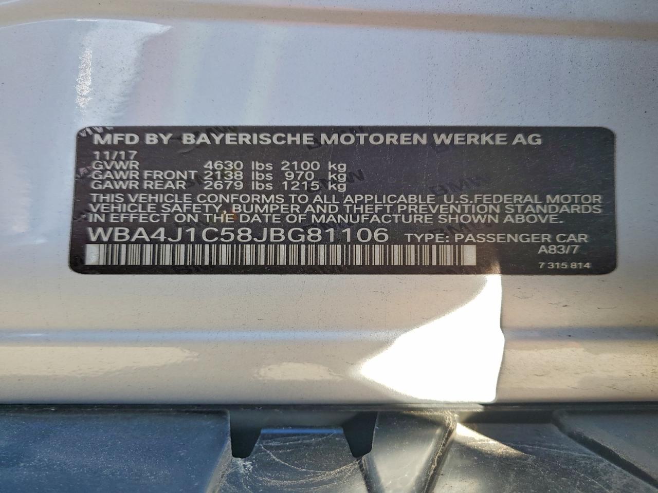 2018 BMW 430I Gran Coupe VIN: WBA4J1C58JBG81106 Lot: 91780595