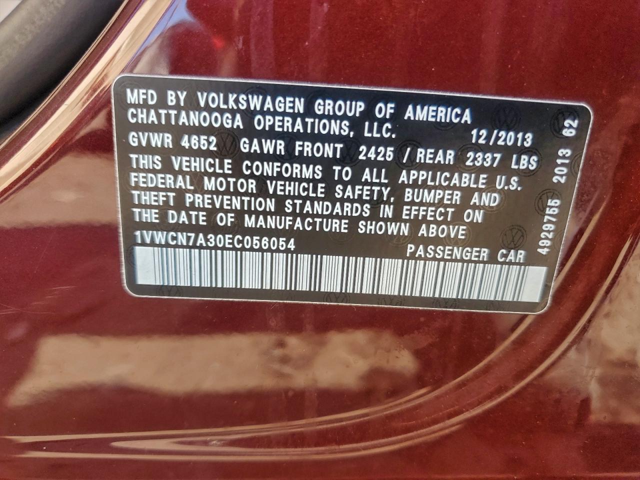 2014 Volkswagen Passat Sel VIN: 1VWCN7A30EC056054 Lot: 94129865