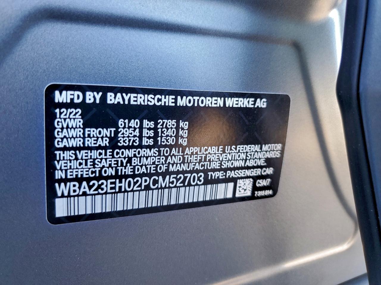 2023 BMW 740 I VIN: WBA23EH02PCM52703 Lot: 94572765