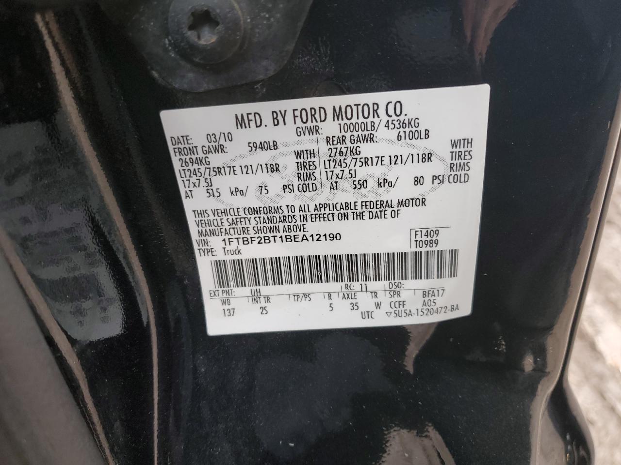 2011 Ford F250 Super Duty VIN: 1FTBF2BT1BEA12190 Lot: 92615685