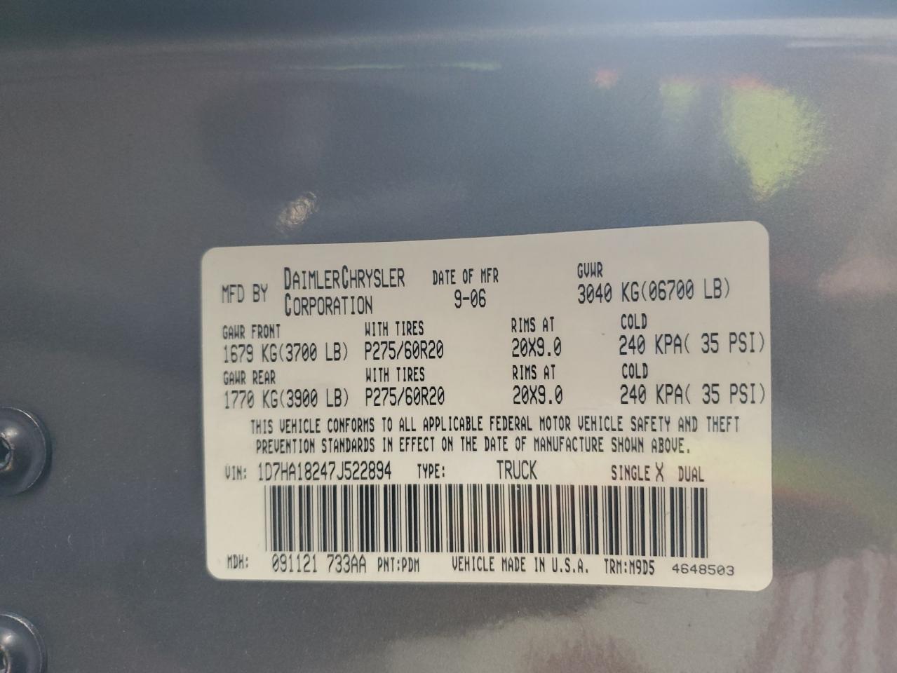 2007 Dodge Ram 1500 St VIN: 1D7HA18247J522894 Lot: 91975445