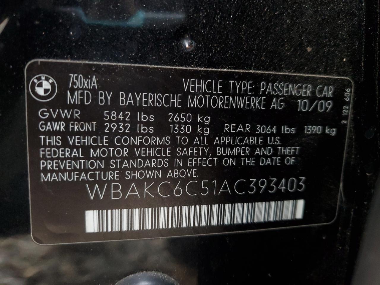 2010 BMW 750 I xDrive VIN: WBAKC6C51AC393403 Lot: 93731665