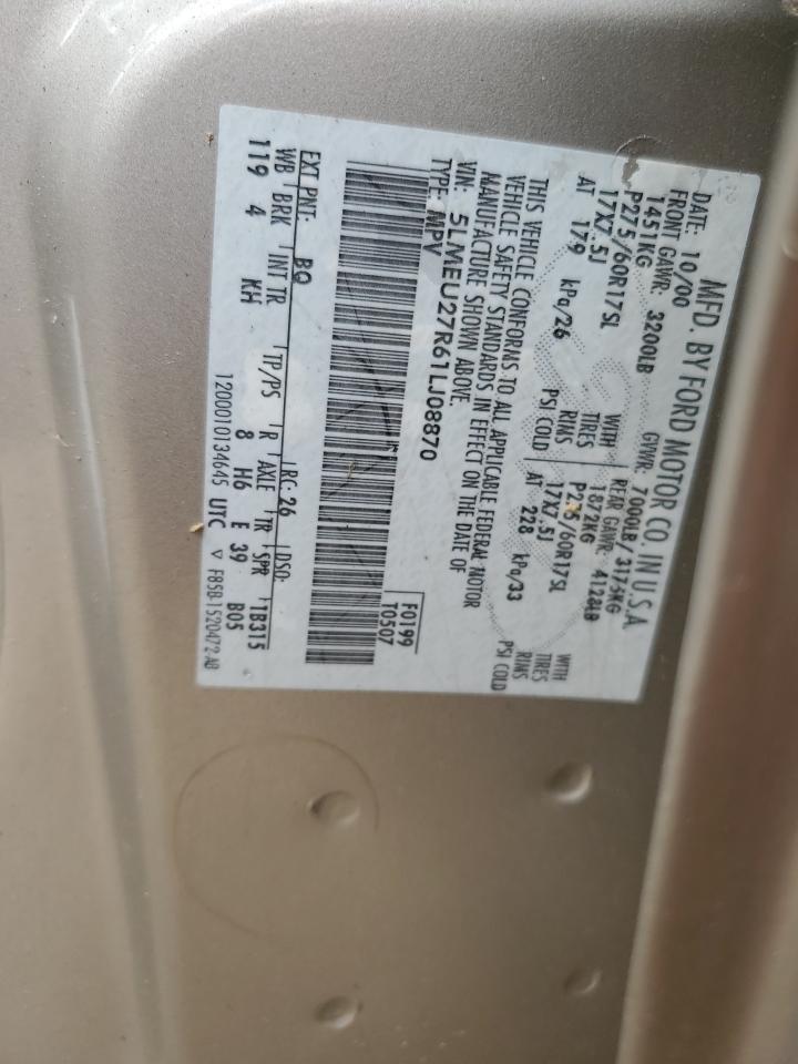 2001 Lincoln Navigator VIN: 5LMEU27R61LJ08870 Lot: 91581635