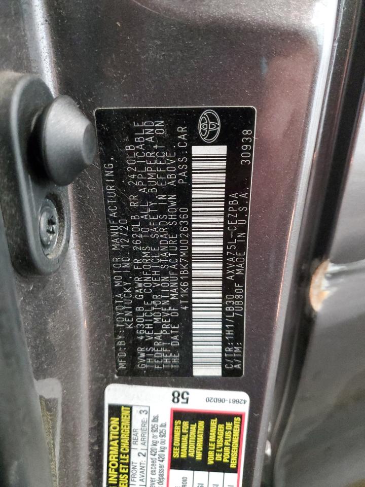 2021 Toyota Camry Xse VIN: 4T1K61BK7MU026360 Lot: 91179925