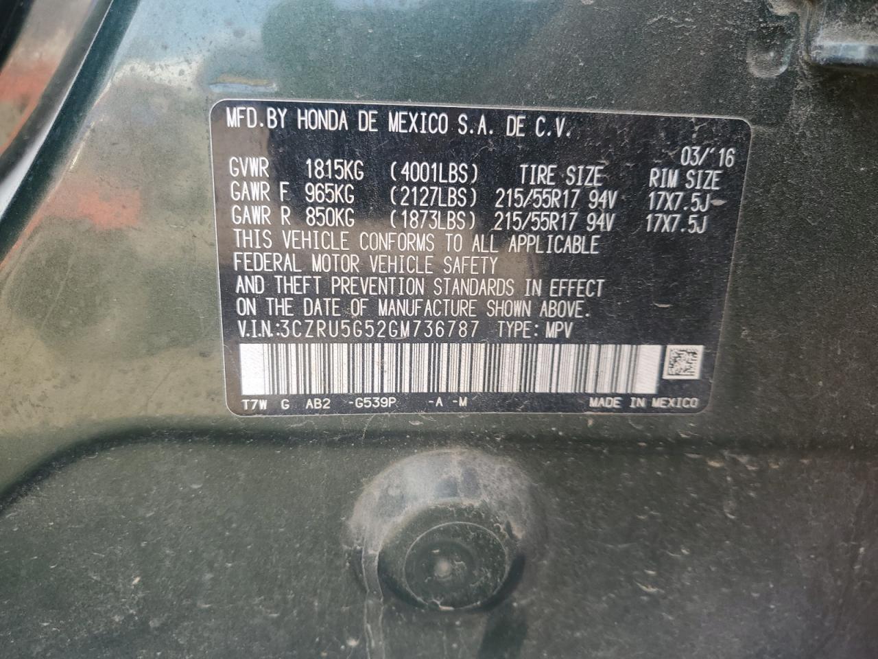 2016 Honda Hr-V Ex VIN: 3CZRU5G52GM736787 Lot: 93073315