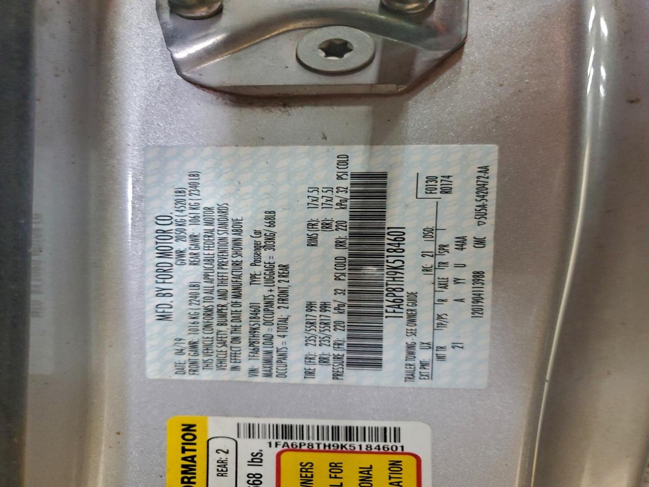 2019 Ford Mustang VIN: 1FA6P8TH9K5184601 Lot: 94363285