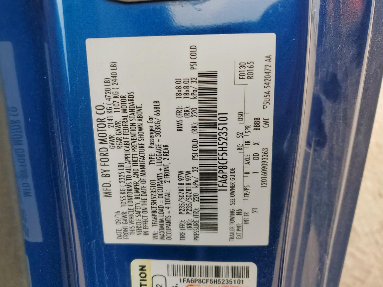 2017 Ford Mustang Gt VIN: 1FA6P8CF5H5235101 Lot: 92410615