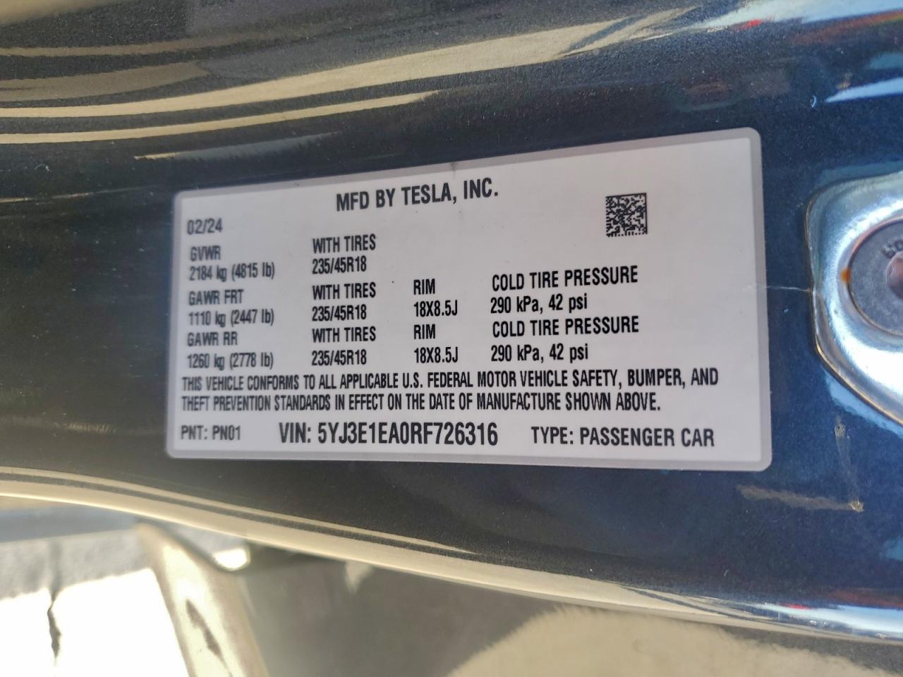 2024 Tesla Model 3 VIN: 5YJ3E1EA0RF726316 Lot: 93652965