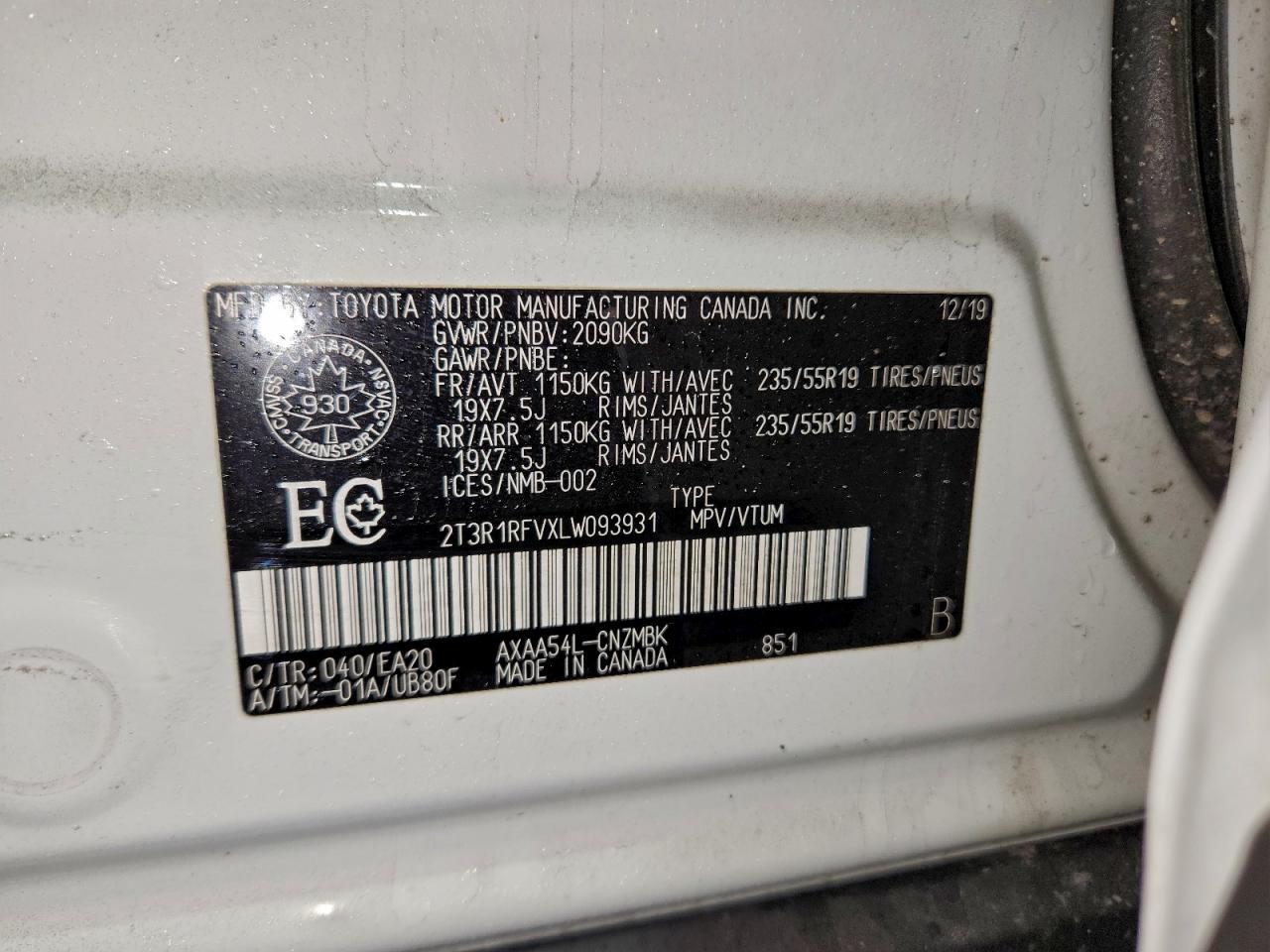 2020 Toyota Rav4 Xle VIN: 2T3R1RFVXLW093931 Lot: 94464845