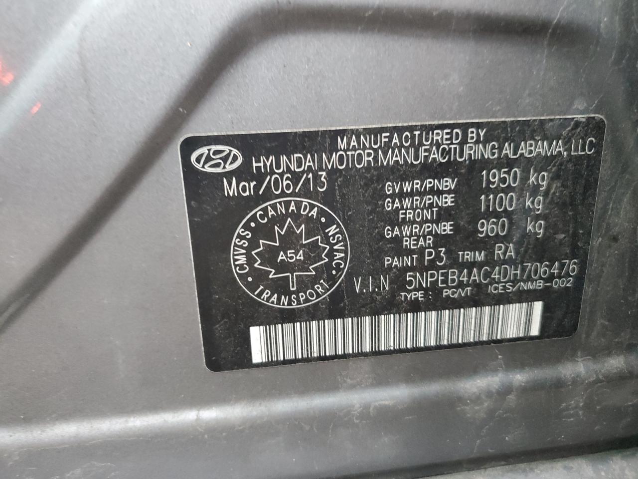 2013 Hyundai Sonata Gls VIN: 5NPEB4AC4DH706476 Lot: 91088025