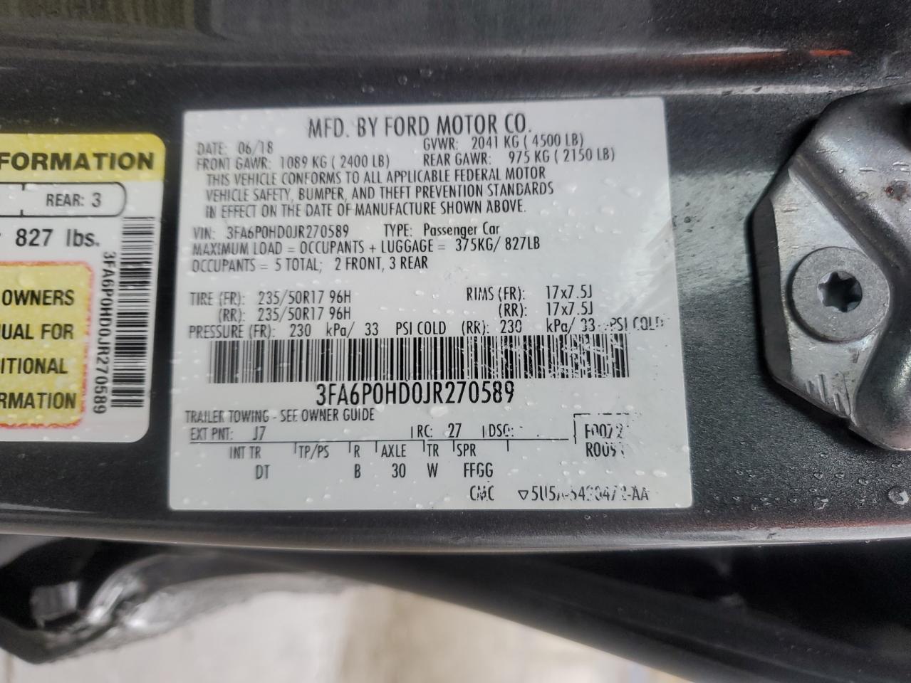 2018 Ford Fusion Se VIN: 3FA6P0HD0JR270589 Lot: 92315655