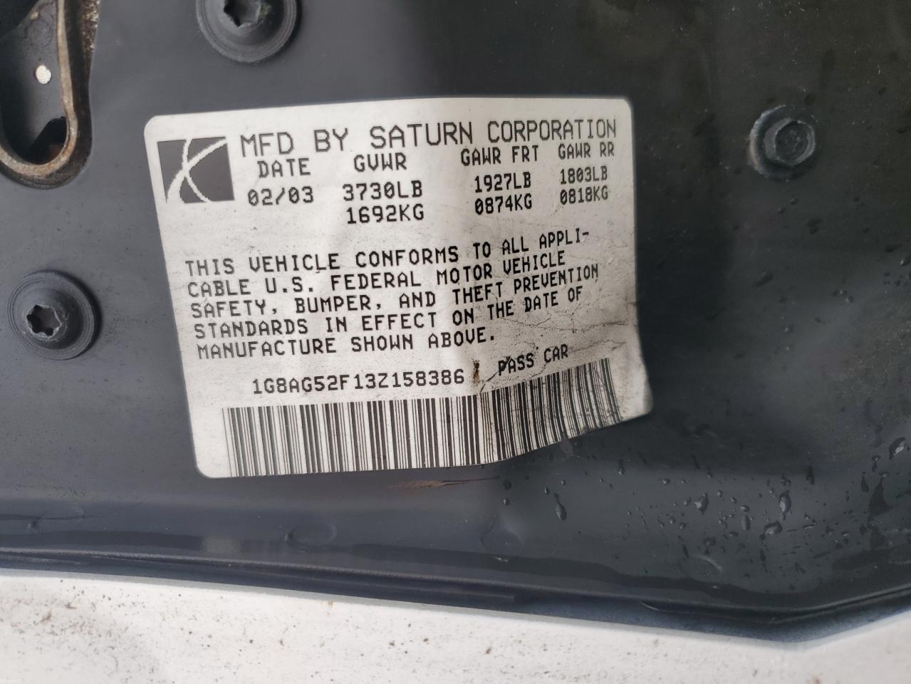 2003 Saturn Ion Level 1 VIN: 1G8AG52F13Z158386 Lot: 90394115