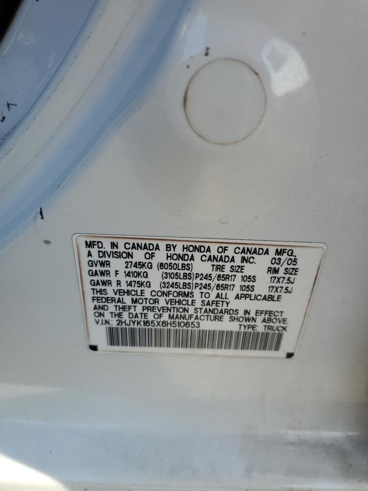 2006 Honda Ridgeline Rtl VIN: 2HJYK165X6H510653 Lot: 92181935